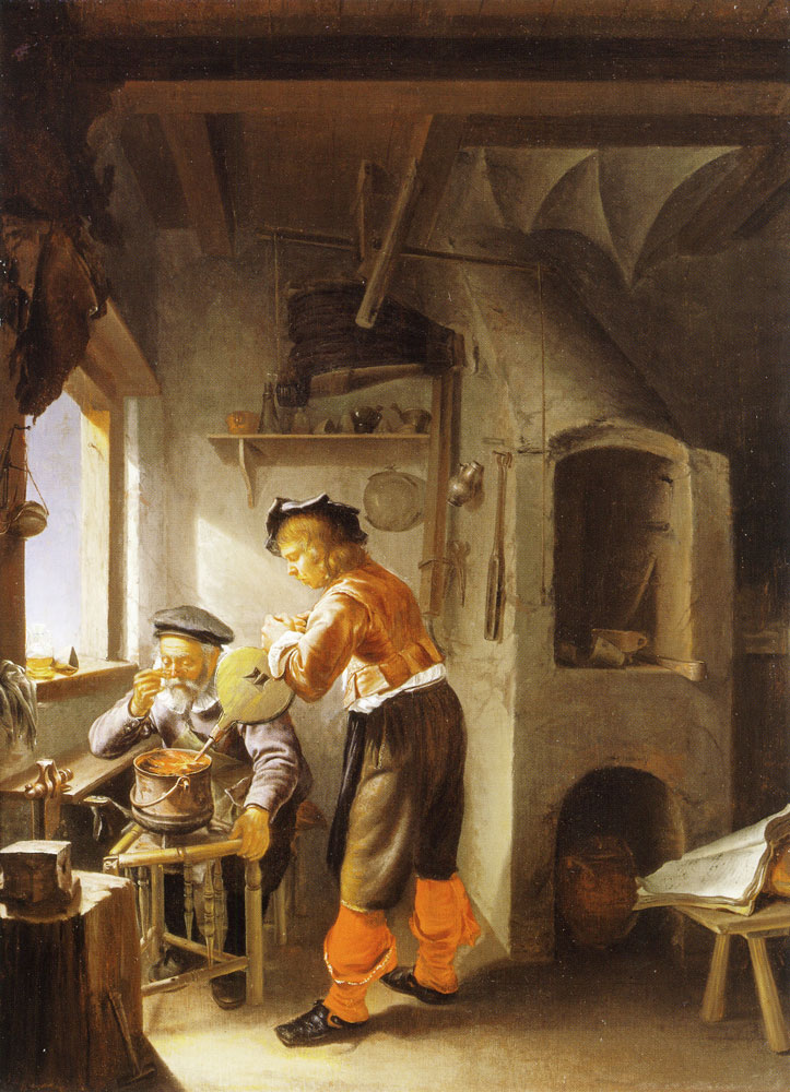 Frans van Mieris the Elder - An alchemist and his assistant in a workshop