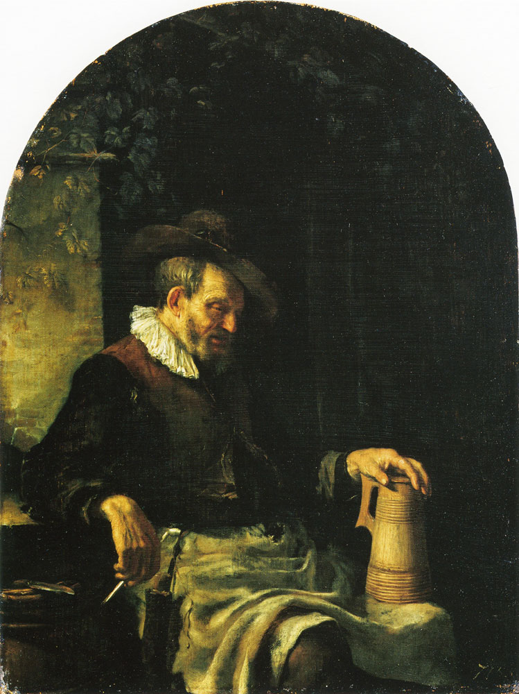 Frans van Mieris the Elder - An Old Man Holding a Wooden Tankard