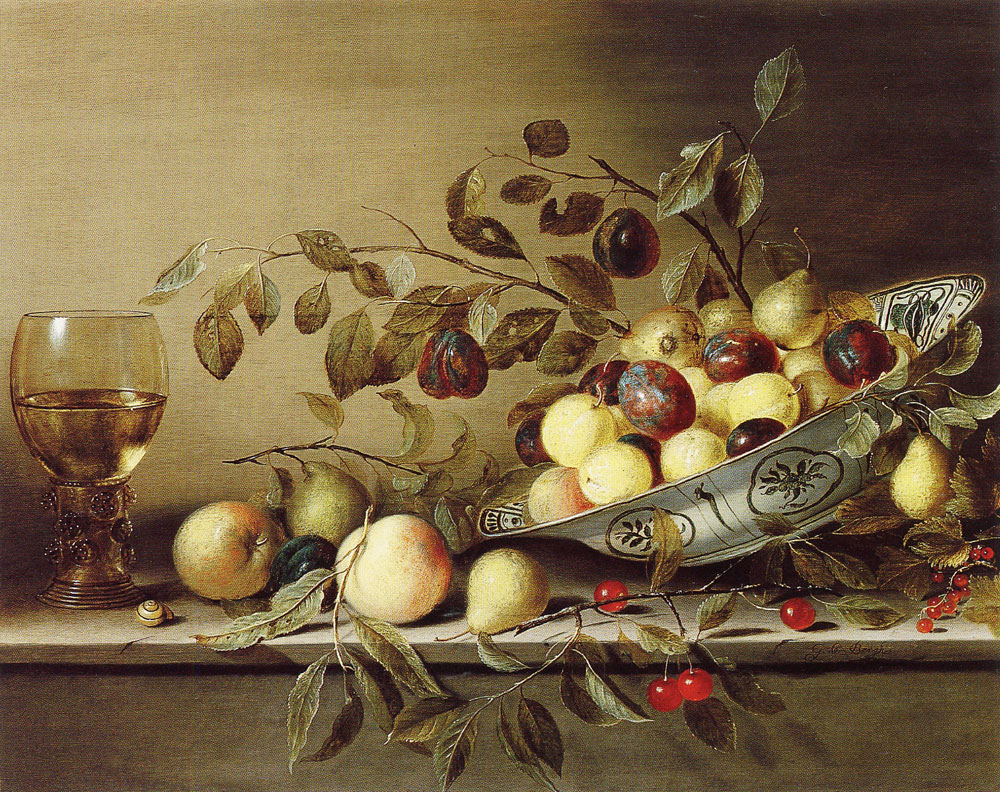 Gillis Gillisz. de Bergh - Still life with fruit in a Wan-li bowl and a roemer