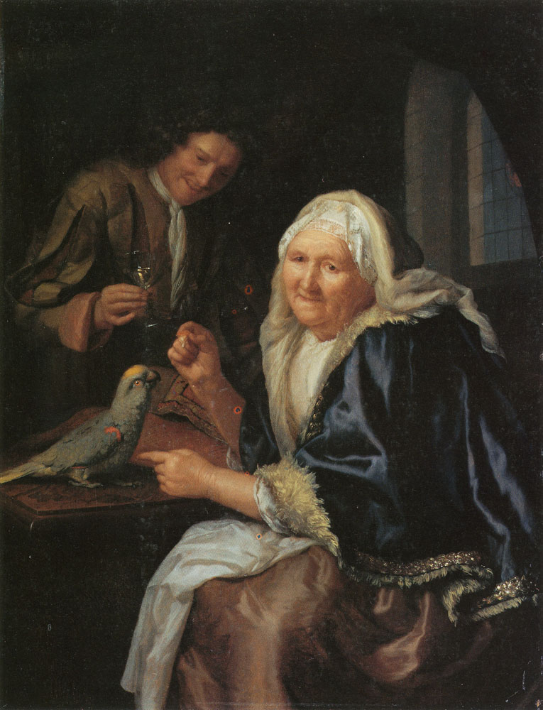 Godfried Schalcken - Old woman with cavalier and parrot