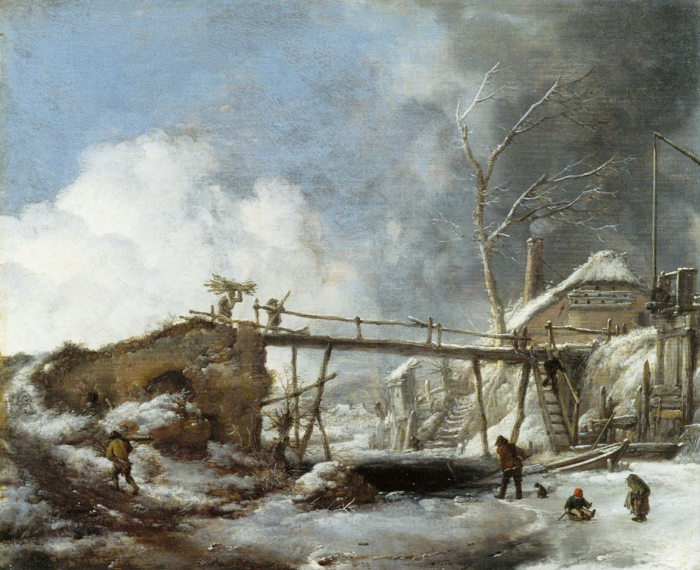 Philips Wouwerman - The wooden bridge over the frozen stream