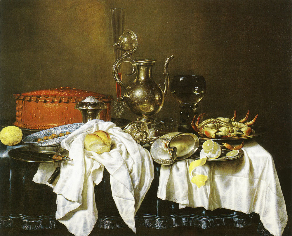 Willem Heda - Still life with a pasty, a silver ewer and other objects