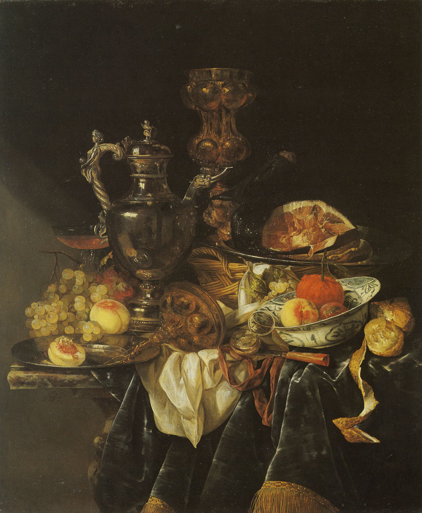 Abraham van Beijeren - Silver Wine Jug, Ham, and Fruit