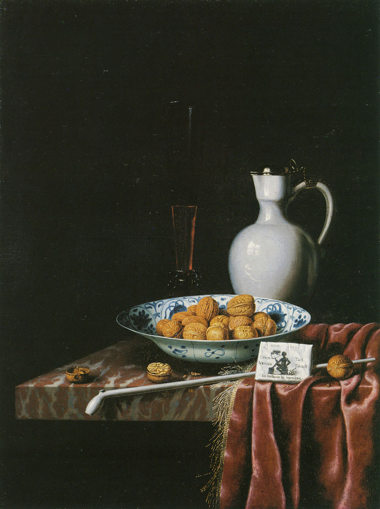Hubert van Ravesteyn - Walnuts, a Tobacco Packet, and a White Jug on a Table