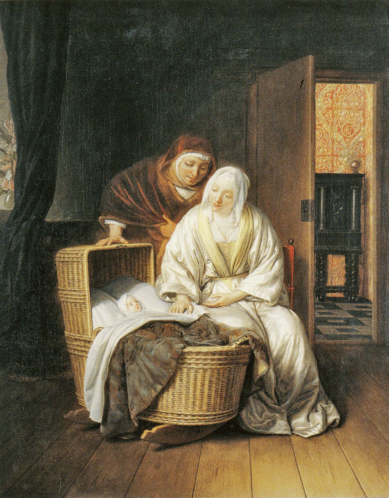 Samuel van Hoogstraten - Two Women Admiring a Baby in a Cradle