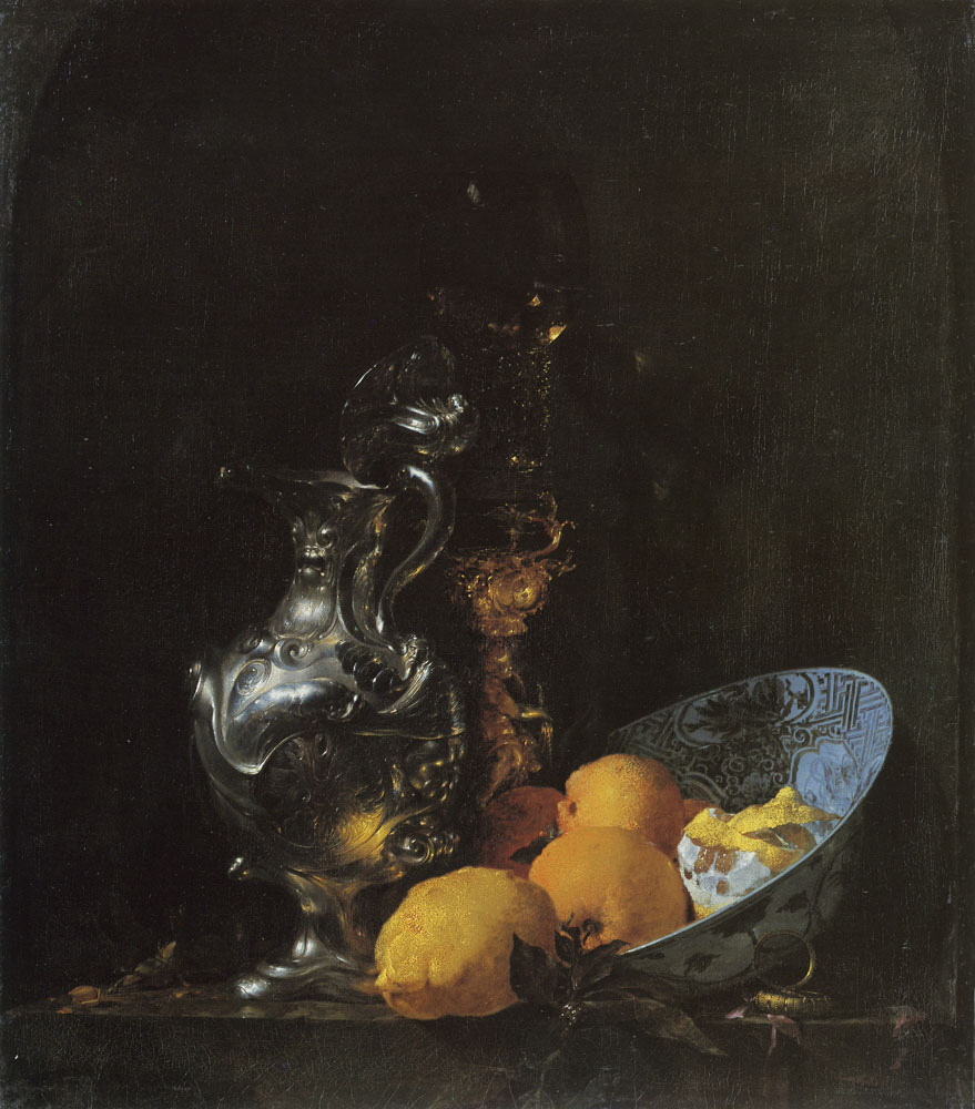 Willem Kalf - A Silver Jug, a Glass on a Stand, and a Bowl with Fruit