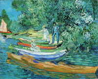 Vincent van Gogh Riverbank with Rowboats and Three Figures