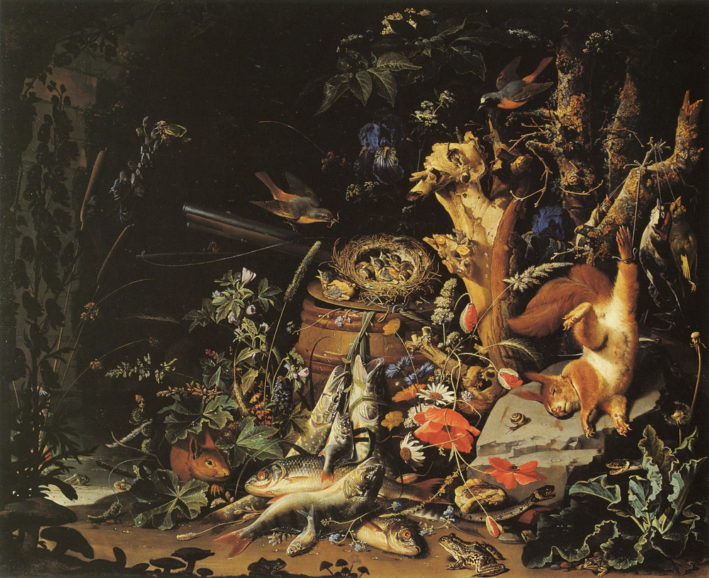 Abraham Mignon - Game, Fish, and a Nest on a Forest Floor