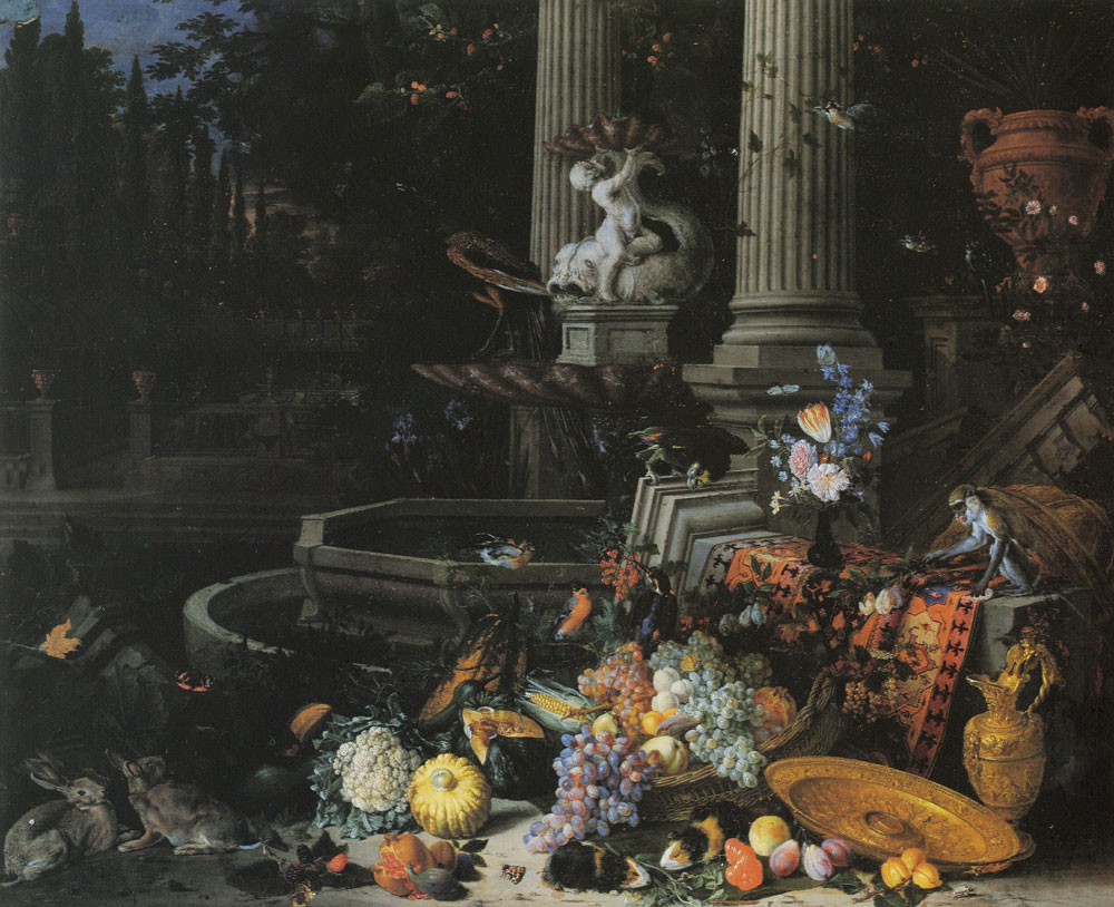 Peeter Gijsels - Fruit, Animals, and Flowers near a Fountain