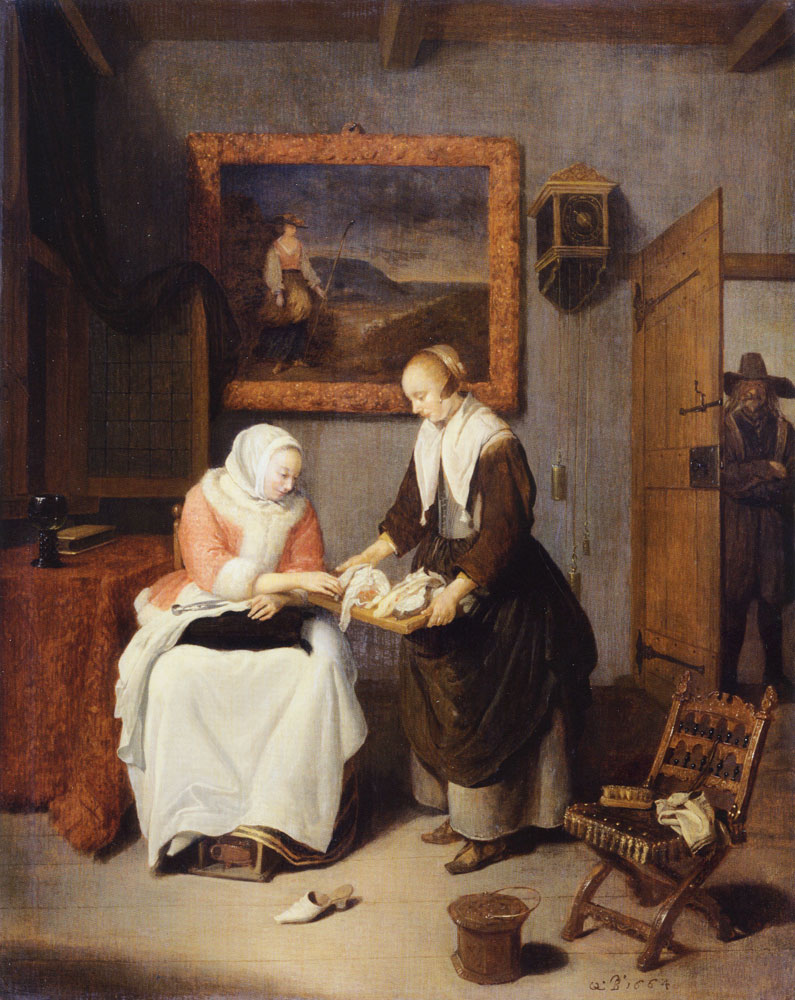 Quiringh van Brekelenkam - Interior with a Lady Choosing Fish