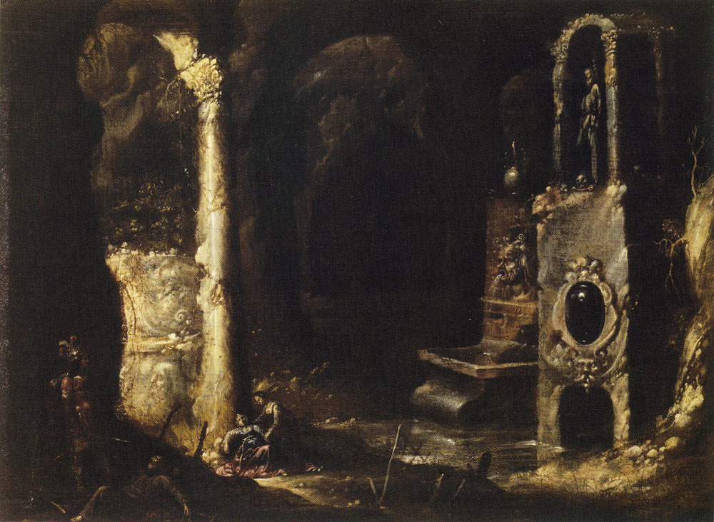 Rombout Jansz. van Troyen - Fantasy Grotto with a Fountain, Sculptures and a Scene of Martyrdom