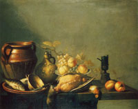Harmen Steenwijck Still Life of Kitchen Utensils with Fruit and Game
