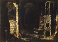 Rombout Jansz. van Troyen Fantasy Grotto with a Fountain, Sculptures and a Scene of Martyrdom