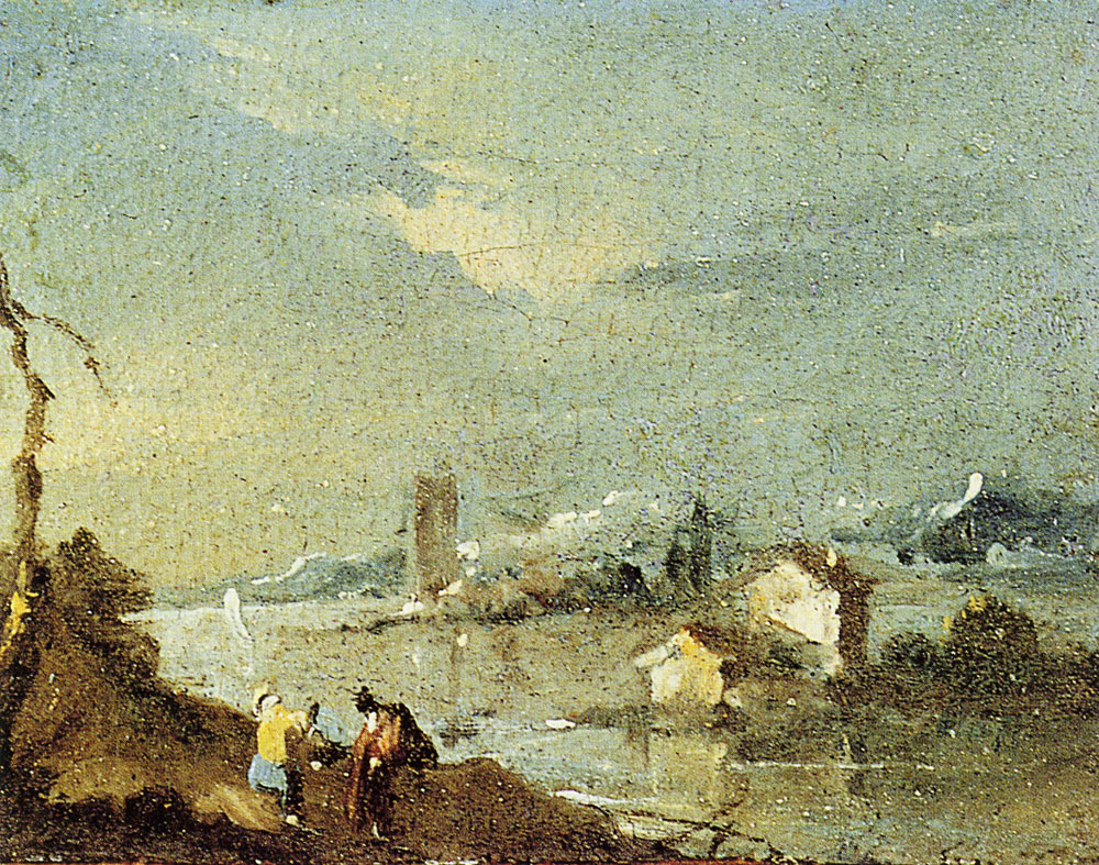 Francesco Guardi - Imaginary Landscape with Towers and Huts on a River Bank
