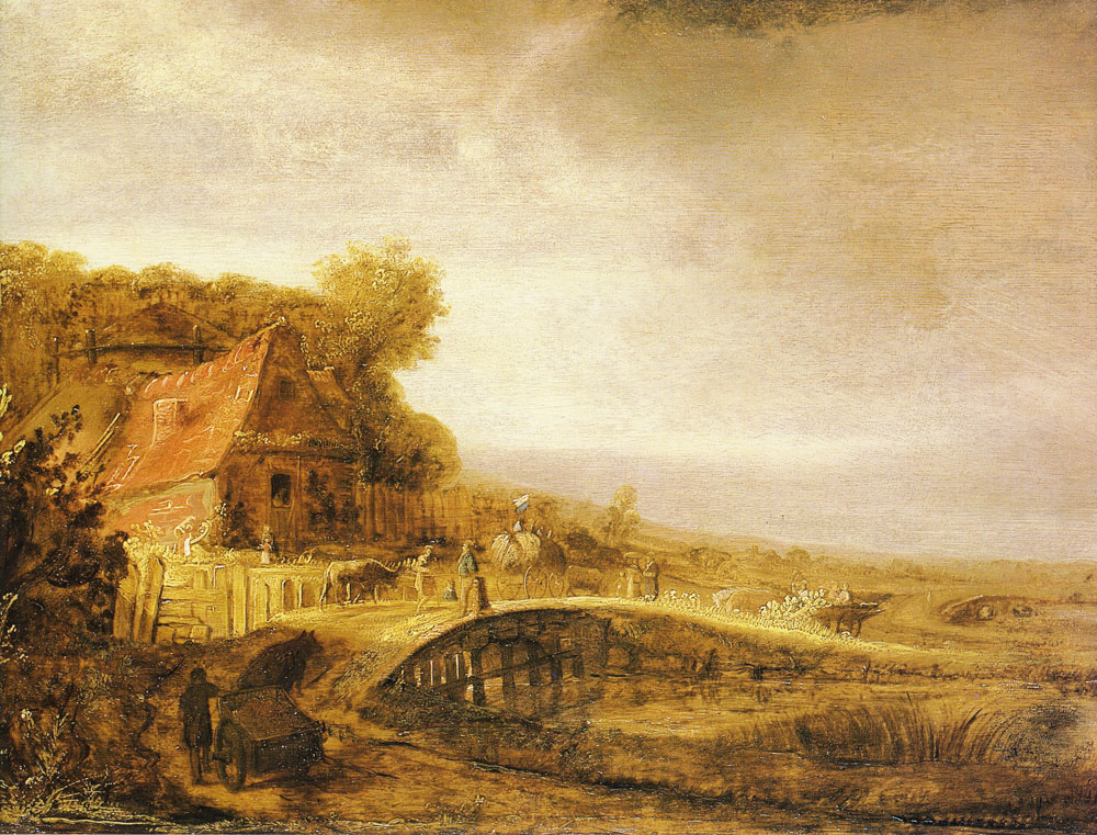 Attributed to Govert Flinck - Landscape with a farm and a bridge