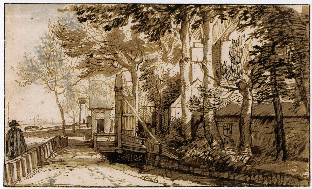 Johannes Leupenius - Houses and an entrance gate by the Amstel near Amsterdam