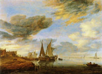 Salomon van Ruysdael Sailing vessels moored near a village