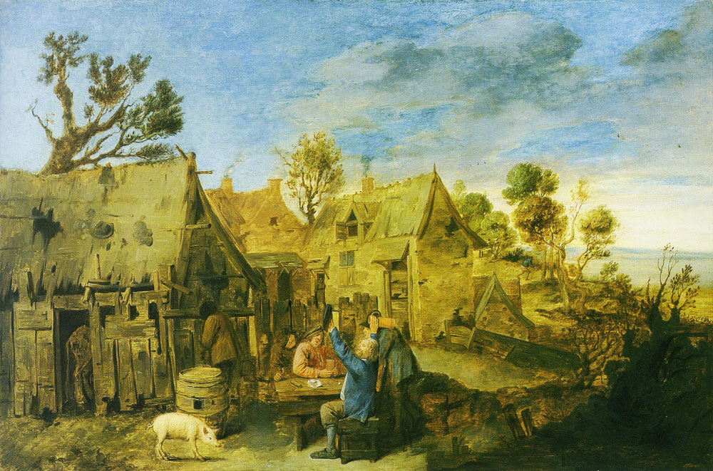 Attributed to Adriaen Brouwer - Village scene with men drinking