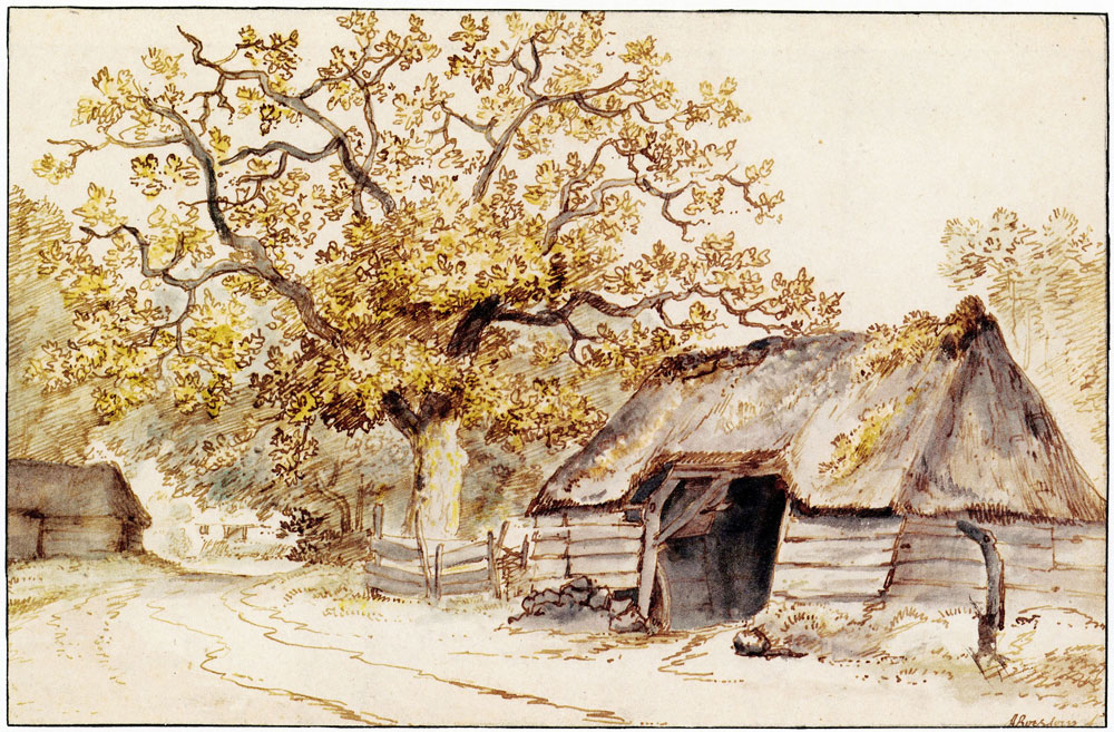 Anthonie van Borssom - A barn and a large tree beside a road