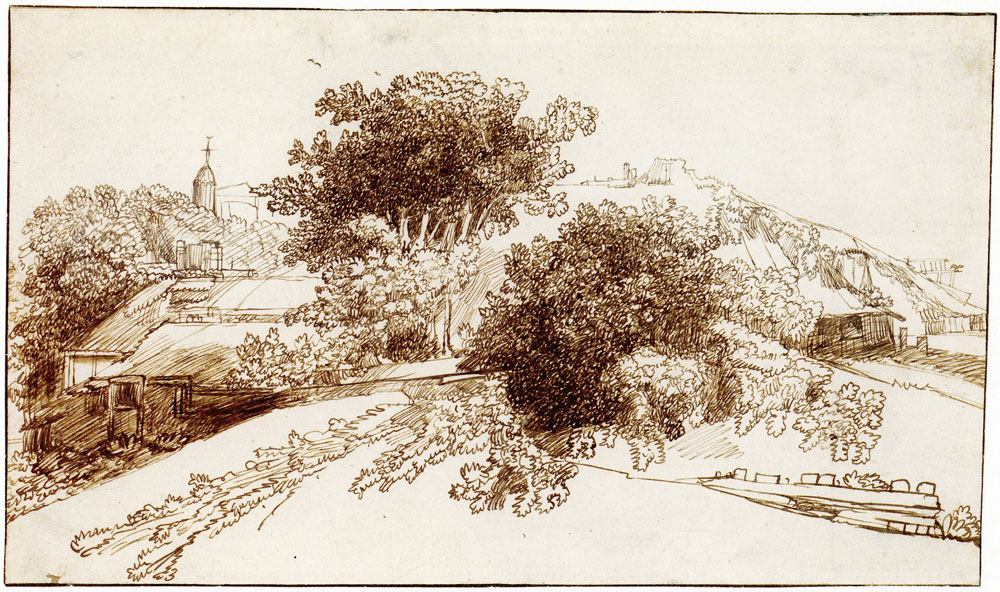 Jacob Koninck - Hamlet with trees and bushes by a dike