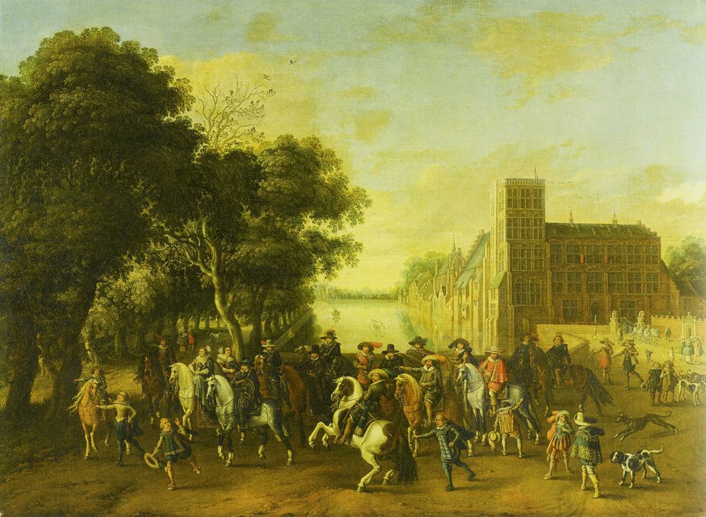 Pauwels van Hillegaert - Prince Maurits, accompanied by Prince Frederik Hendrik, Frederick V of Bohemia and Elizabeth Stuart on the Buitenhof, The Hague