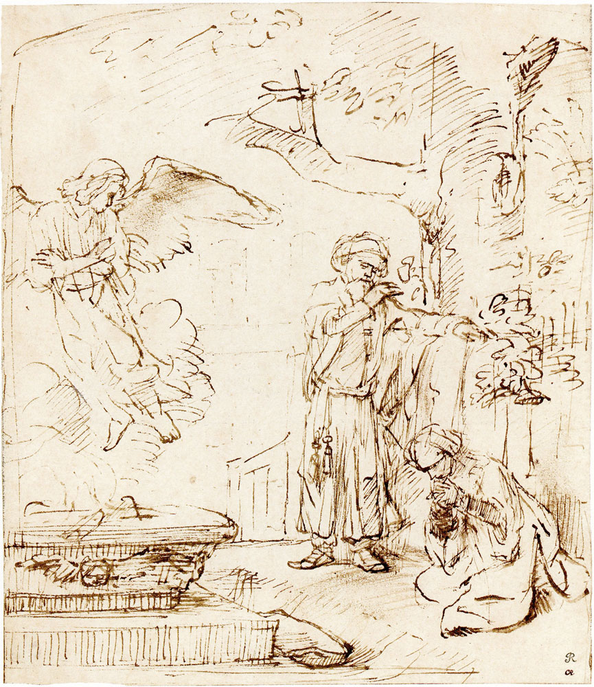 Rembrandt - The angel leaving Manoah and his wife