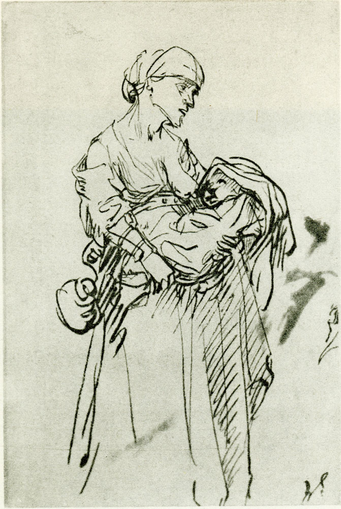 Rembrandt - A Poor Mother, Standing, Offers the Breast to the Baby in Her Arms