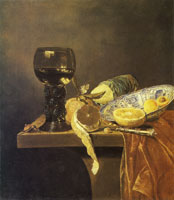 Ascribed to Jan Jansz. van de Velde III Chinese Dish, Rummer, Knife, Loaf of Bread and Fruit on a Table