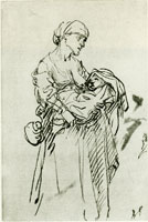 Rembrandt A Poor Mother, Standing, Offers the Breast to the Baby in Her Arms