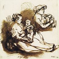 Rembrandt A Sketch of Two Women, Each with a Baby