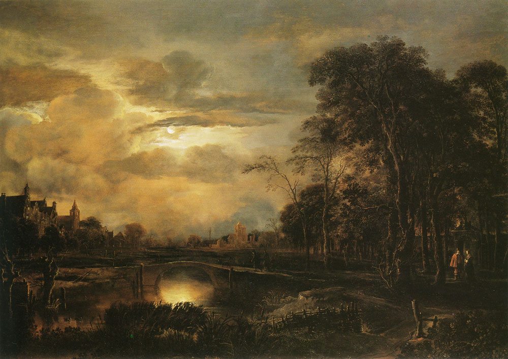 Aert van der Neer - Moonlit Landscape with Bridge