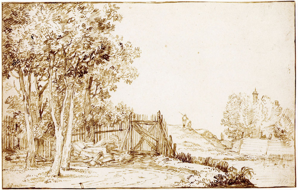 Anthonie van Borssom - A group of trees near a fence, a house in the distance