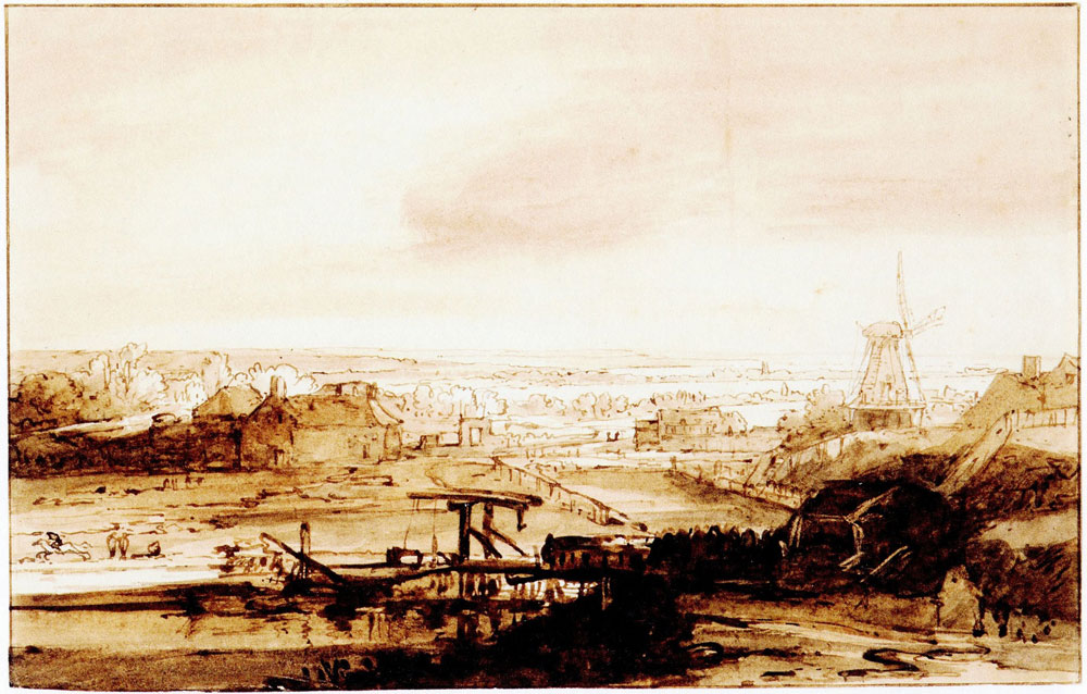 Edward William Cooke after Rembrandt - View over a wide landscape with a windmill and a drawbridge