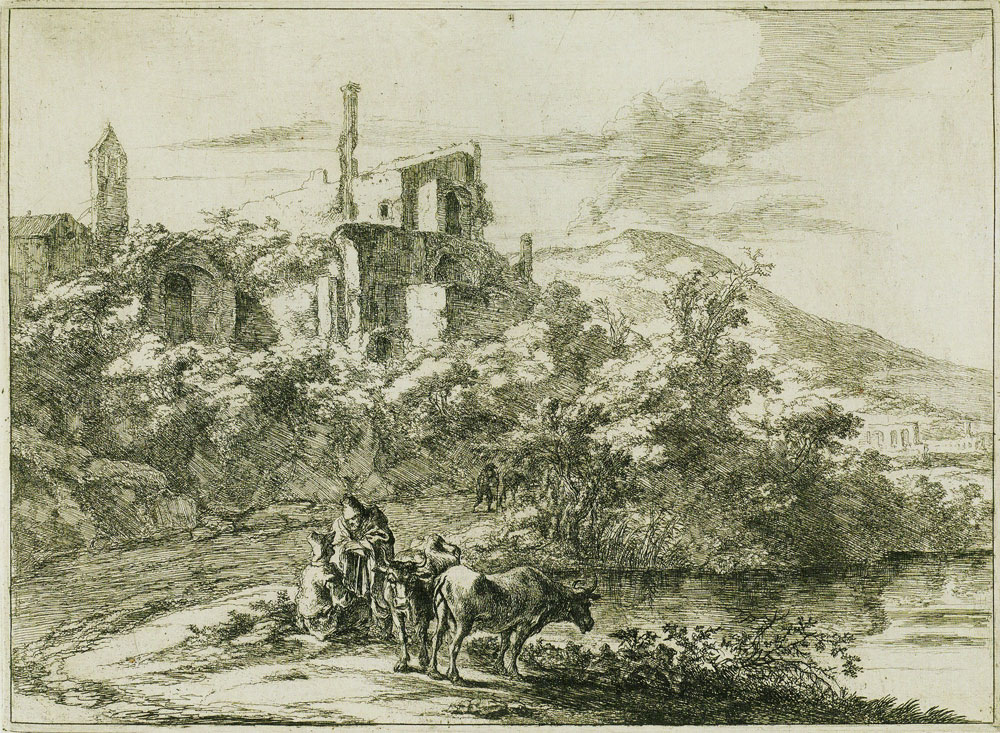Jan Both - Landscape with Ruins and Two Cows at the Waterside