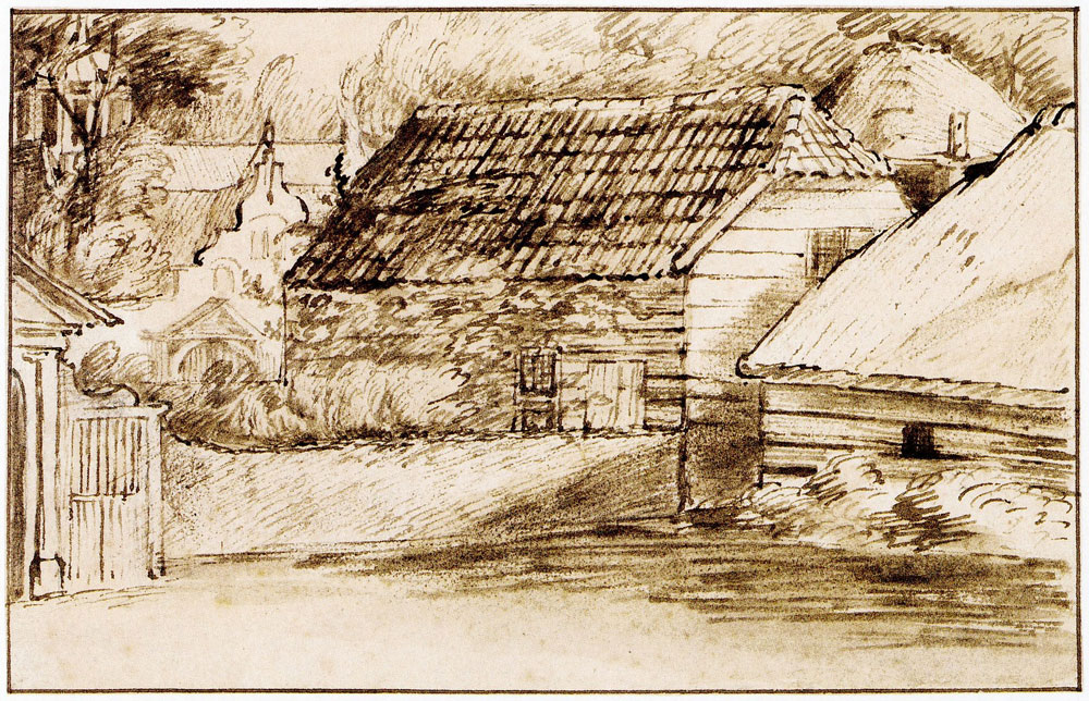Jan Lievens School - Wooden buildings and haystack near a country house with a dome