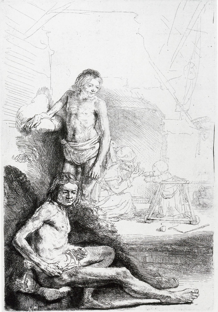 Rembrandt - A Nude Man Seated, Another Standing, with a Woman and Baby in the Background