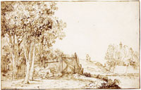 Anthonie van Borssom A group of trees near a fence, a house in the distance