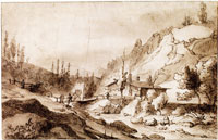 Lambert Doomer Mountain landscape with a river and a cottage