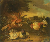 Melchior d'Hondecoeter A rooster defending a hen against a falcon