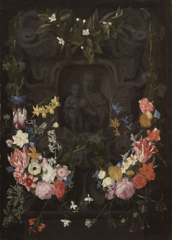 Copy after Daniel Seghers - Garland of flowers with cartouche of the Madonna and Child