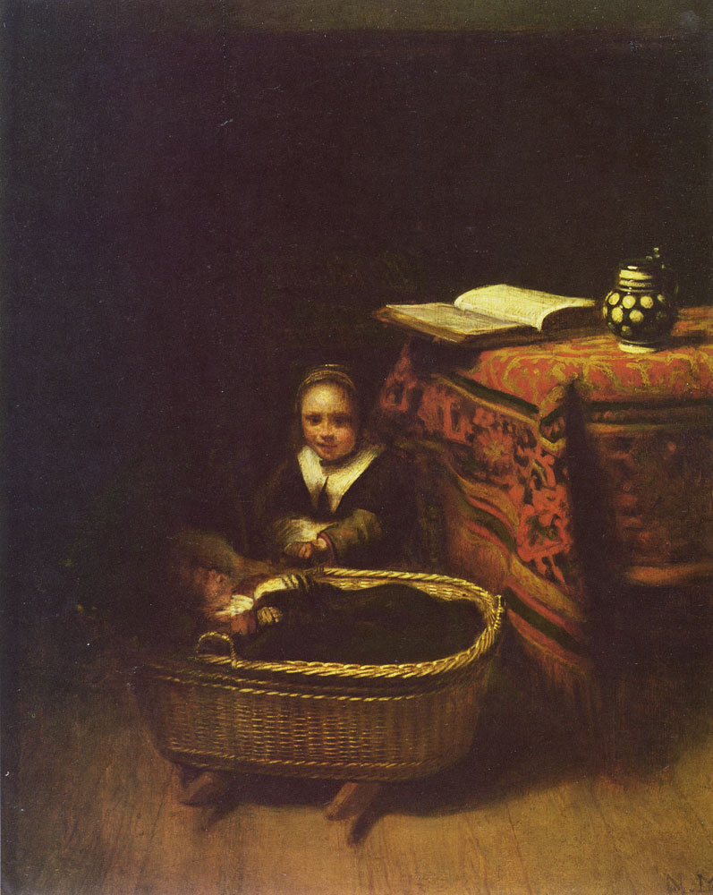 Nicolaes Maes - A Little Girl rocking a Cradle