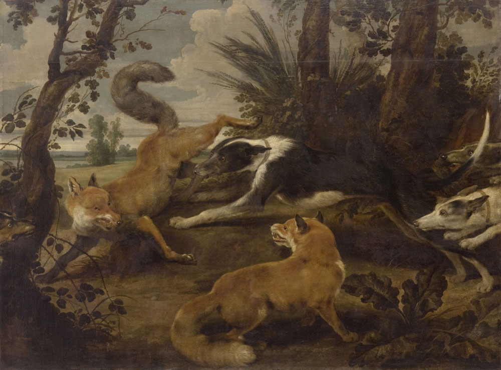 Paul de Vos - Wolfhounds and two foxes