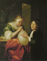 Godfried Schalcken Girl and Boy Blowing up a Pig's Bladder