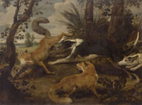 Paul de Vos Wolfhounds and two foxes