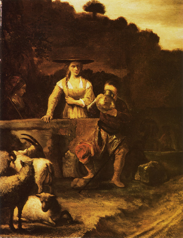 School of Rembrandt - Rebekah offers Eliezer a drink from her pitcher