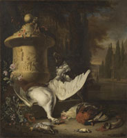 Jan Weenix Dead game still life with a monkey and a spaniel