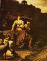 School of Rembrandt Rebekah offers Eliezer a drink from her pitcher