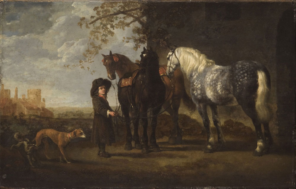 Abraham van Calraet - Groom with three horses and two dogs