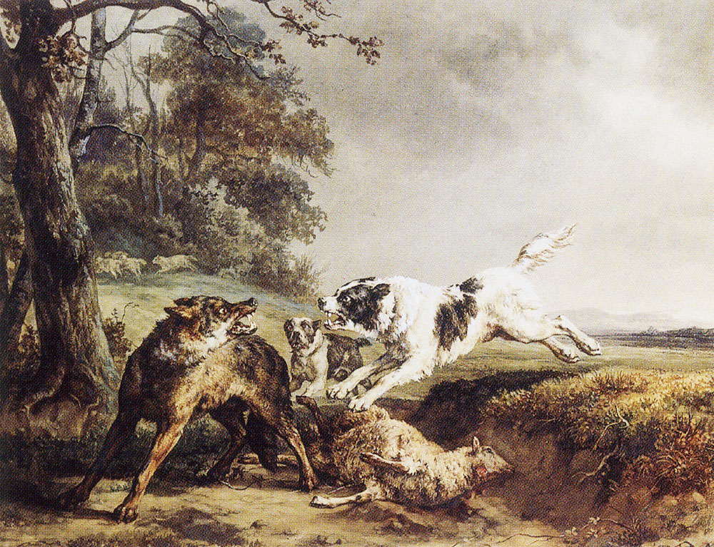 Jacques-Raymond Brascassat - Dogs attacking a Wolf