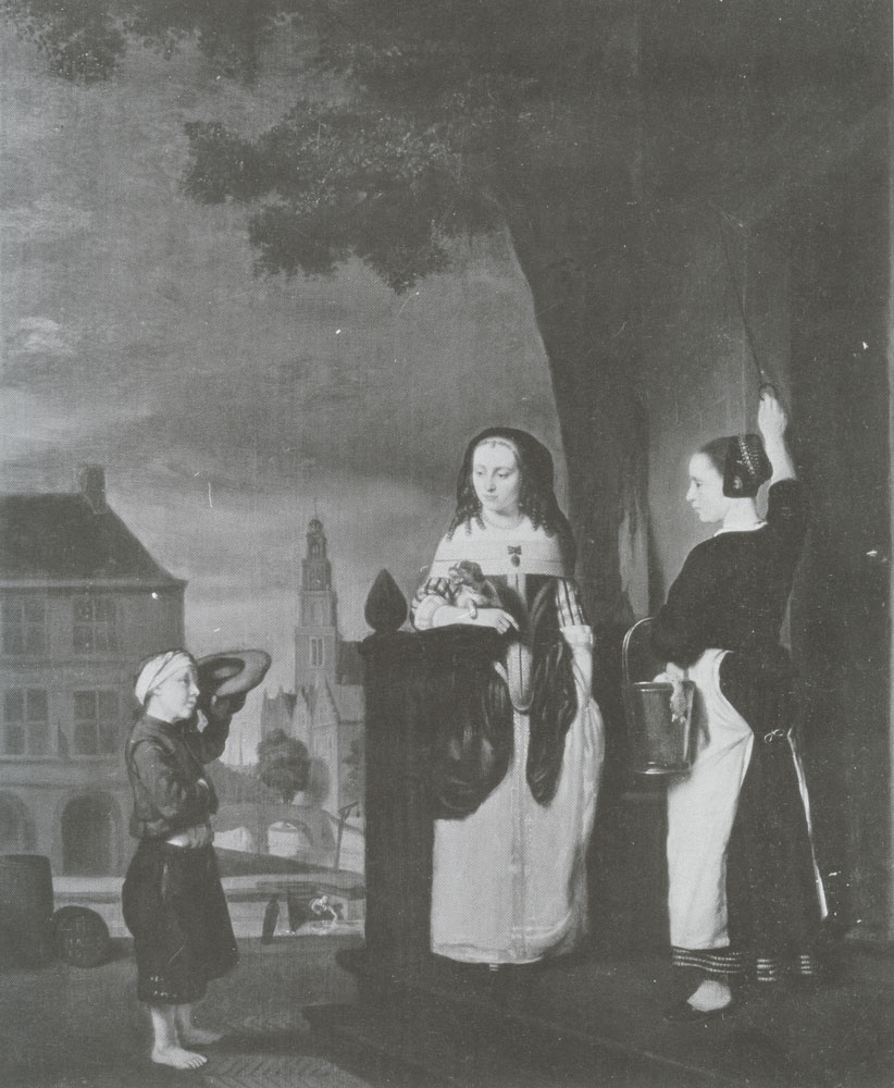 Nicolaes Maes - Lady with a Maid and a Beggar Boy in Front of a Door